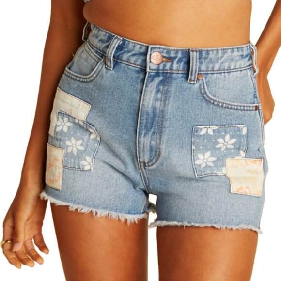 Billabong x Wrangler Women’s Showdown Patch Work Denim Cutoff Jean Shorts Sz 29 - Picture 1 of 16